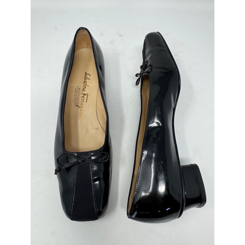 Salvatore Ferragamo Black Patent Leather Low Block Heel Pumps